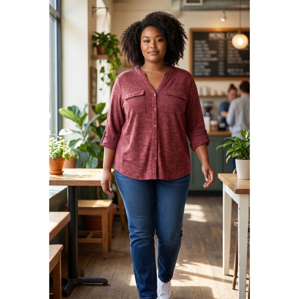 AUW Burgundy Marled Button Front Roll Tab Blouse Top XL 15/17